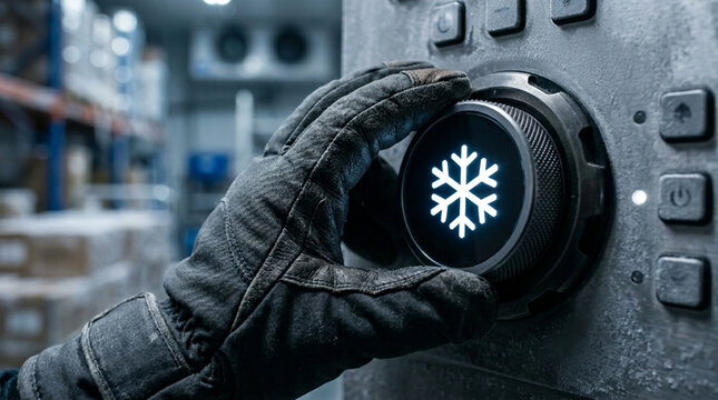 Gloved hand turning a temperature control dial with a glowing snowflake icon on a frosted industrial refrigeration panel in a cold storage warehouse facility.