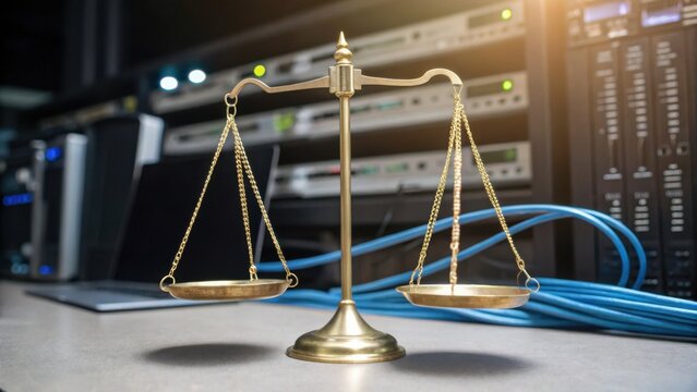 A brass balance scale placed on a desk in front of network servers and blue Ethernet cables, symbolizing fairness or balance in technology.