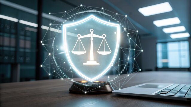 A digital shield with a justice scale symbol hovers over a desk with a laptop in a modern office setting, symbolizing cybersecurity and legal protection.