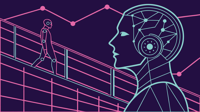 Futuristic artificial intelligence robot head and human walking on neon grid lines