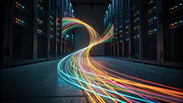 A data center corridor with server racks on both sides and colorful light trails representing fast data transmission.