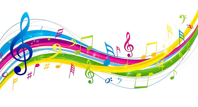 Abstract music notation with bright rainbow symbols and curves