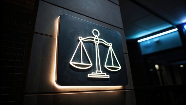 Illuminated scales of justice symbol on a dark wall, representing law, fairness, and legal balance in a modern, dimly lit environment.