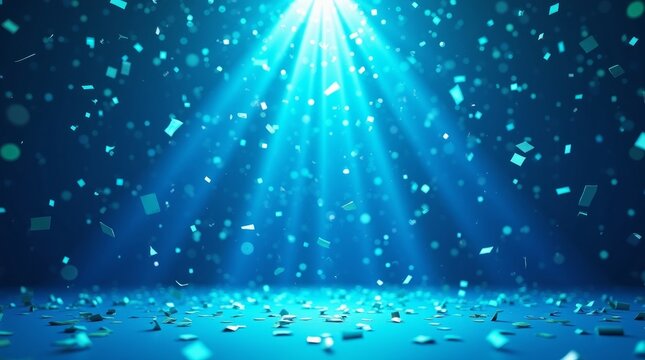 Blue light beams falling confetti celebration image