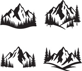Fototapeta premium Minimal Mountain Silhouette Vector Set with Pine Forest Landscape, Nature Adventure Logo Bundle, Outdoor Wilderness Design Collection, Art & Illustration