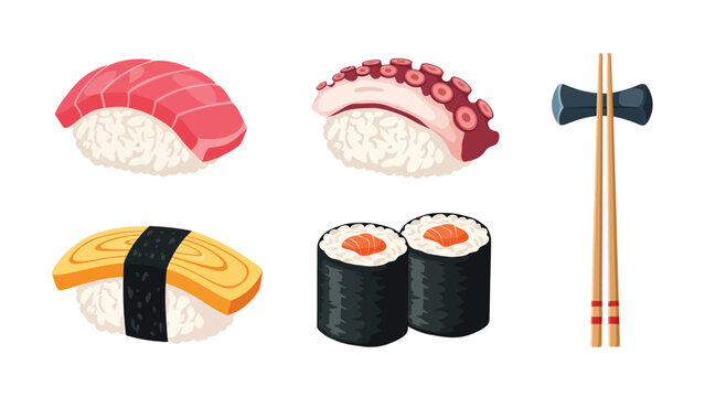 An assortment of traditional Japanese sushi dishes including tuna, octopus, and egg nigiri, maki rolls, and a pair of wooden chopsticks with a rest.