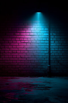 Cyberpunk Neon Brick Wall Background with Blue and Pink Lighting, Urban Night Scene