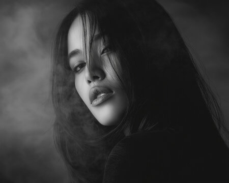 Black and White Portrait of Beautiful Woman with Long Hair, Moody Cinematic Beauty