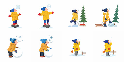 Fototapeta premium Collection of cute cartoon illustrations showing young children in yellow jackets enjoying various winter activities like catching snowflakes and sledding.