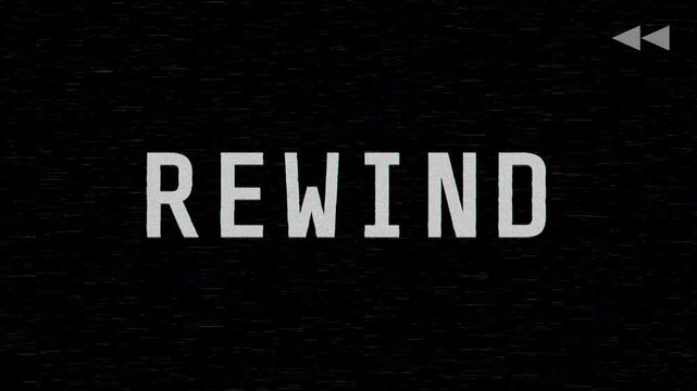 A VHS video tape rewind screen on a black background displaying REWIND, retro analog visuals, tape playback effects, and glitch motion.