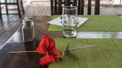 Fototapeta premium Napkins, glasses, and cutlery are set on the table in the outdoor cafe. In the foreground is a bright red hibiscus flower and a bird woven from palm leaves. Cuba. Varadero. Resort.