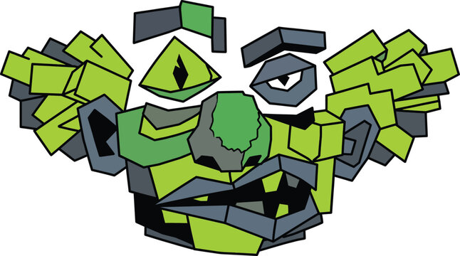 Abstract geometric face with sharp features and a grumpy expression in green and gray.