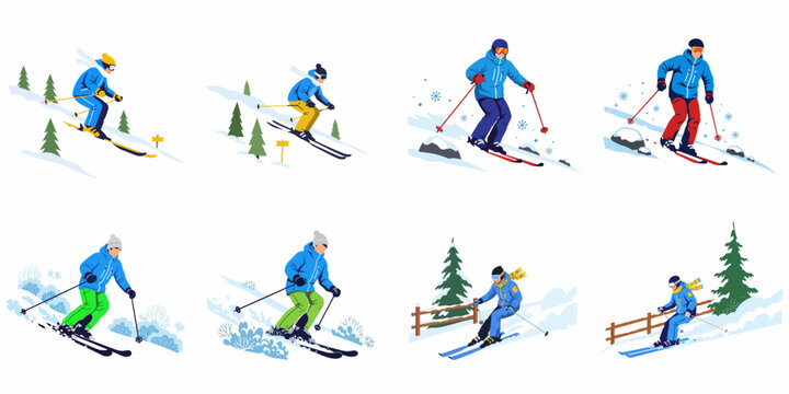 Collection of flat vector illustrations featuring people skiing downhill in various winter mountain landscapes and gear.
