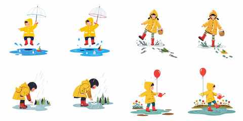 Obraz premium Cute illustrations of young children wearing yellow raincoats and red boots playing happily in puddles and rain