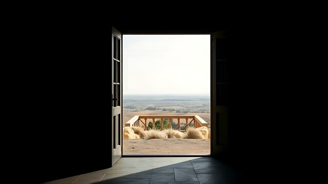 inwardly. An open doorway framing a bright landscape outside, contrasting with a dark interior. travel magazines, destination branding, designed for travel destination branding.