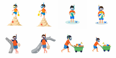Fototapeta premium Cute cartoon boy enjoying summer beach activities like building sandcastles and collecting shells, wearing snorkeling gear in flat vector illustration set.