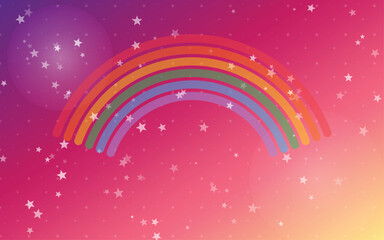 Vibrant Colorful Rainbow on Pink and Purple Gradient Background with Sparkling Stars and Magical Bokeh Lights, Fantasy Sky Illustration for Creative Designs © Rakibs