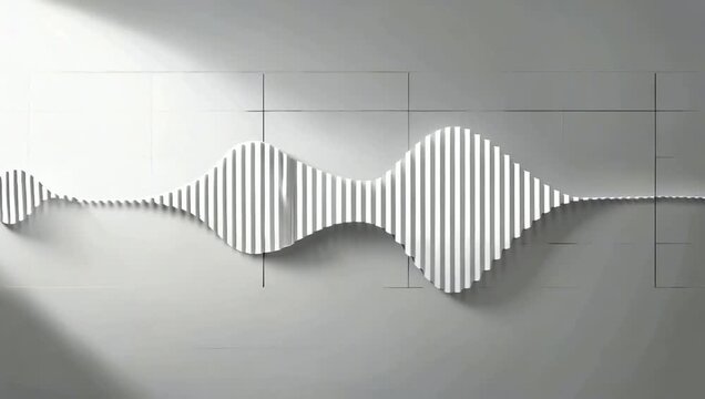 Abstract white 3D wave of vertical slats morphing on a minimalist wall in a studio environment