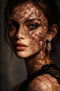 Elegant Woman Face Adorned with Lace Shadow Pattern in Soft Light