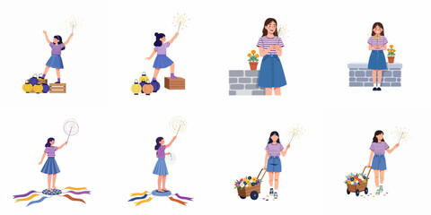 Fototapeta premium Set of diverse illustrations featuring a young girl celebrating with sparklers, festive lanterns, and flowers in a flat vector style.