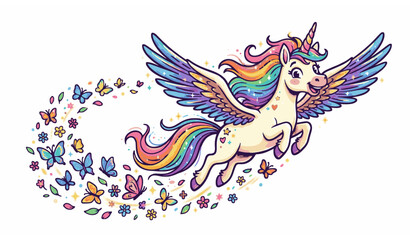 Flying unicorn with butterflies and flowers vector illustration colorful cartoon fantasy design for girls prints © MstLutfa