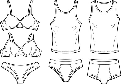Line collection of women's lingerie and men's underwear, including bras, briefs, and tank tops
