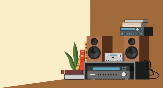 This clean flat illustration displays a home audio system with speakers, an amplifier, books, and a small plant on a shelf in a cozy room.