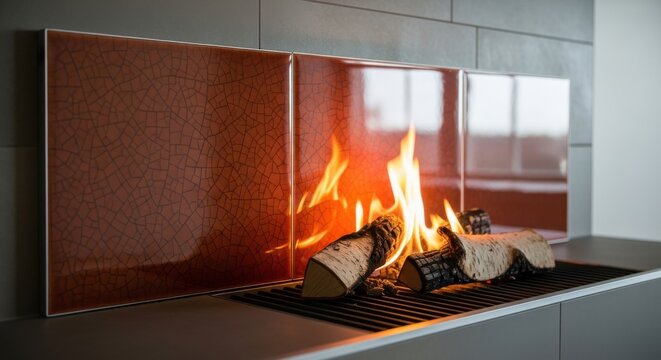 Burning fireplace with logs and crackle glaze tiles reflecting warm flames in a modern home interior