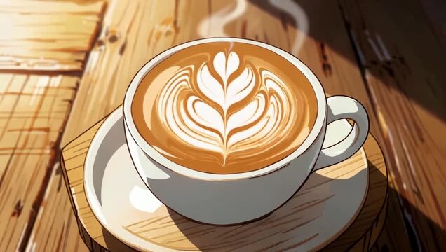 Anime style cup of hot coffee with latte art and rising steam on a rustic wooden table in bright morning sunlight