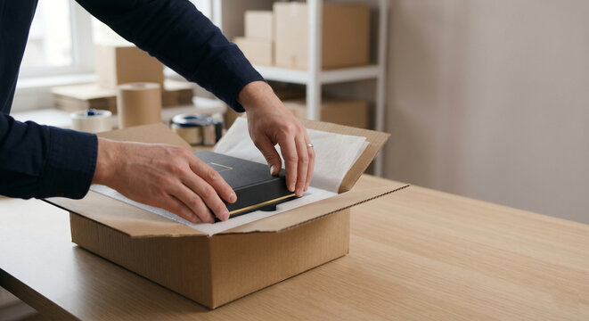 Faceless worker packing premium black box for ecommerce shipping