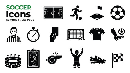 Soccer Football Icons Set with Referee, Stadium, Goal, Whistle, Shoe and Field — Editable Stroke Glyph Vector Collection © Ahmed