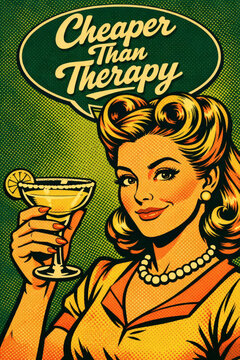 Retro Woman Pop Art Style Holds Cocktail with Speech Bubble Text