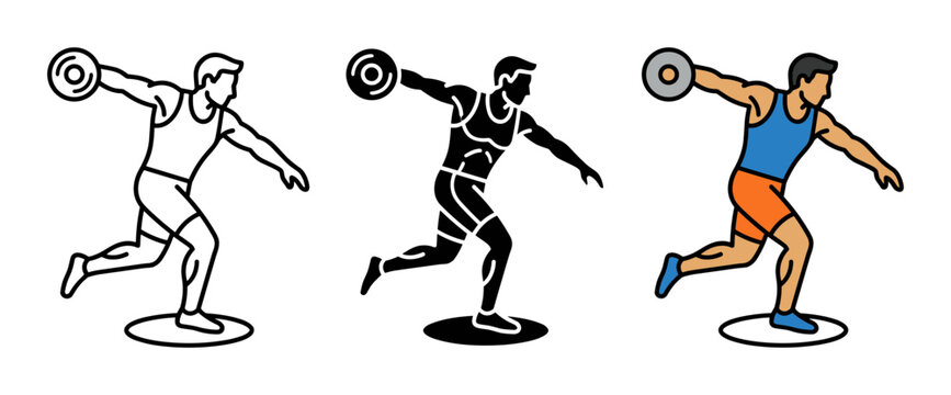 Discus thrower athlete icons for track and field sports competition outline, solid and color styles, white background