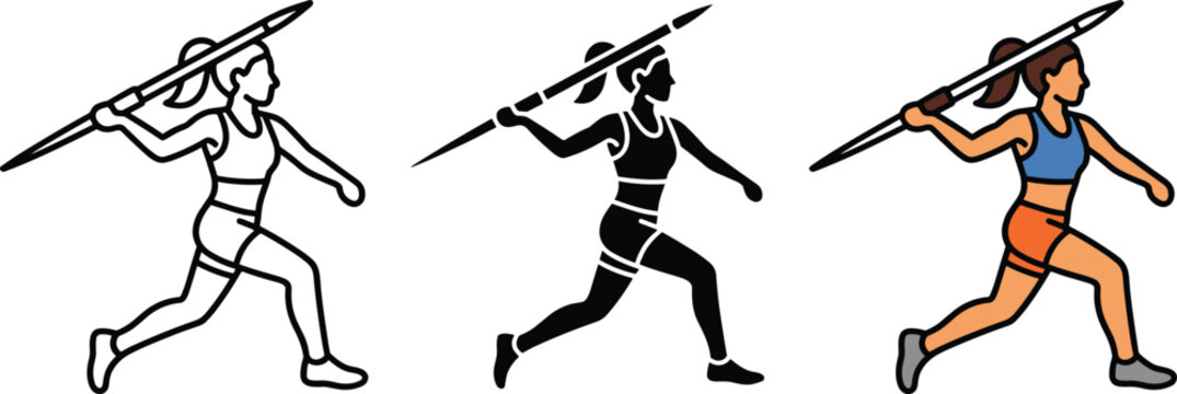 Javelin thrower icon set for athletics and sports competition outline, solid and color styles, white background