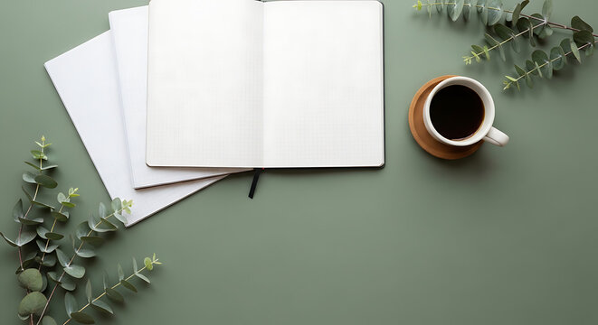 Aesthetic minimal workspace composition featuring paper notebooks ceramic coffee cup aromatic eucalyptus leaves arranged on textured green wooden table surface flat lay top view perspective