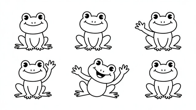 Cute Frog Character Pose Set Sitting, Smiling, and Waving Cartoon Line Art Collection