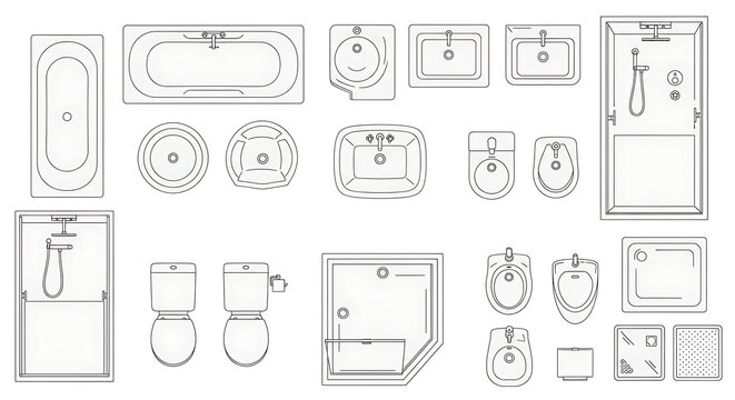Architectural bathroom top view plan set for interior design featuring uncolored vector outline assets of minimalist bathtub, sink, toilet, and shower for modern home floor arrangement layout.