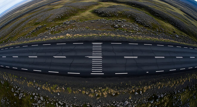 Top down aerial view of a dark asphalt highway road showing a smooth paved surface and textured blacktop from a drone perspective for transportation and travel concepts.