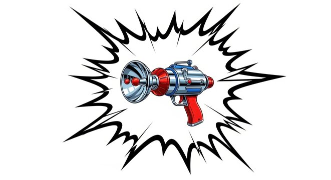Vintage futuristic ray gun illustration with explosive sound waves effect
