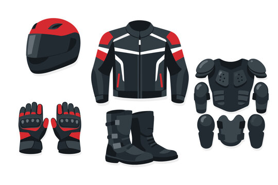 Professional Motorcycle Gear Set with Red and Black Helmet, Protective Jacket, Racing Gloves, Riding Boots, and Body Armor. Flat Vector Illustration of Essential Biker Safety Equipment Collection.