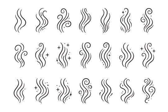 Hand Drawn Smoke and Steam Line Icon Set, Wavy Aroma Doodle Lines for Coffee, Tea, Hot Food, and Scent. Collection of Scent Streams, Fragrance Swirls, Vapor Trails, and Smells in Vector Graphic.