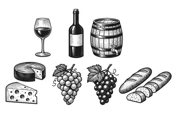 Obraz premium Vintage Engraving Style Collection of Wine Cheese Grapes and Baguette Bread Icons. Hand Drawn Woodcut Illustration of Wine Bottle Glass Barrel Swiss Cheese Grape Bunches and French Baguette Bread