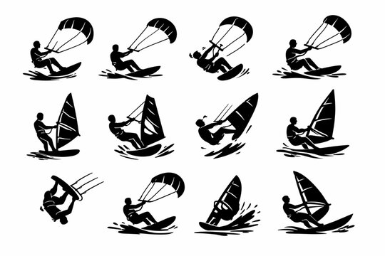 Kitesurfing and Windsurfing Black Silhouette Icons Set, Hand Drawn Water Sports Collection of Extreme Kiteboarding and Windsurfer Athletes in Action on Ocean Waves, Minimalist Vector Illustration
