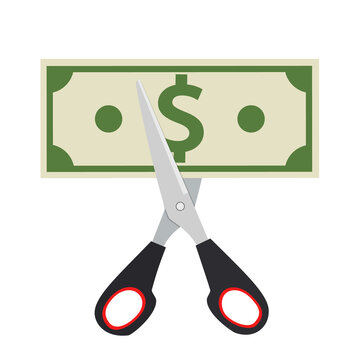 Scissors cutting money bill.