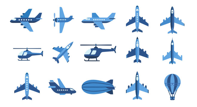 Collection of Blue Aircraft, Helicopters, and Airship Vector Icons