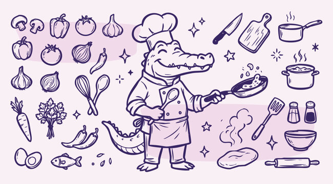Vector doodle set of alligator chef mascots with a collection of kitchen tools and food ingredients. Hand-drawn line art of cartoon characters and culinary elements isolated on a light background.