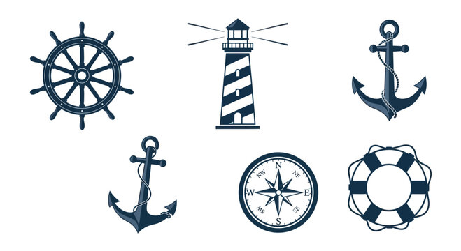 Nautical Icons: Ship's Wheel, Lighthouse, Anchor, Compass, Lifebuoy - Marine Set