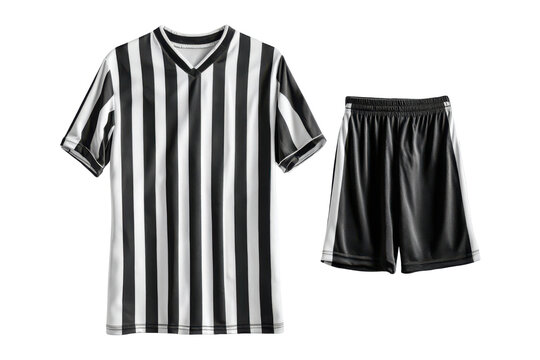 Black and white striped referee uniform shirt and shorts isolated on transparent background. Black and white striped sports uniform consisting of a jersey shirt isolated on white background.