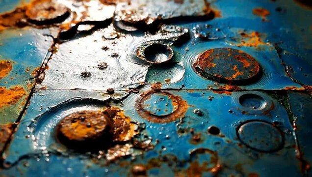 Close-up of weathered blue metal surface with rust and grunge texture