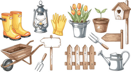Gardening tools and accessories vector set featuring boots, wheelbarrow, watering can and garden elements in rustic illustration style © jafrine